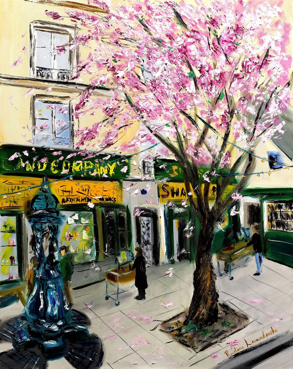シェイクスピア・アンド・カンパニー・パリの桜-金の装飾付き、2023年（キャンバスに油彩） 作： ルスラナ・レヴァンドフスカ