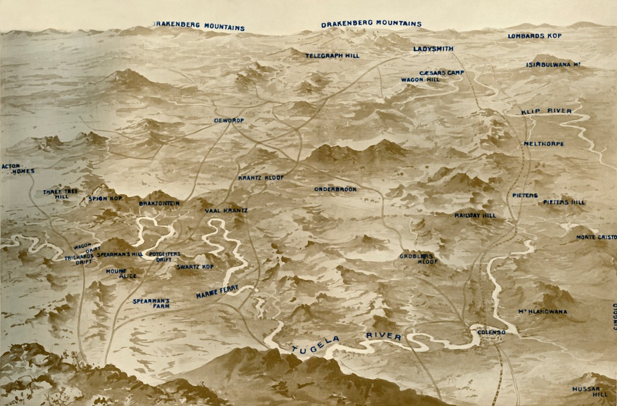 「レディースミス救援のためのブラー将軍の作戦によってカバーされた国の鳥瞰図」、 作： ラッセルと息子
