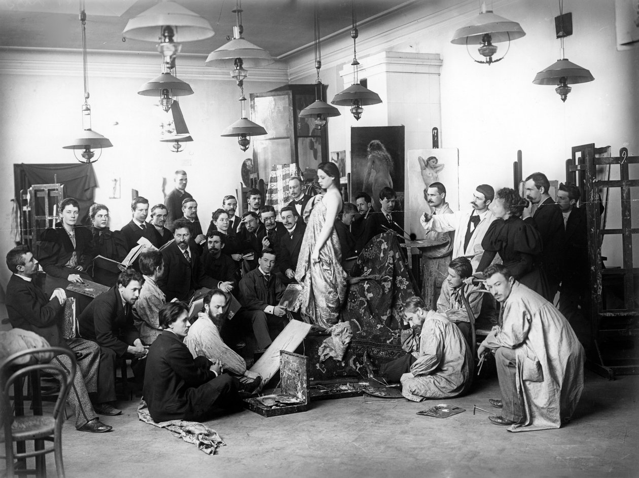 1898年、サンクトペテルブルクの帝国アカデミーでライフクラスを教えるイリヤレピン 作： ロシアの写真家