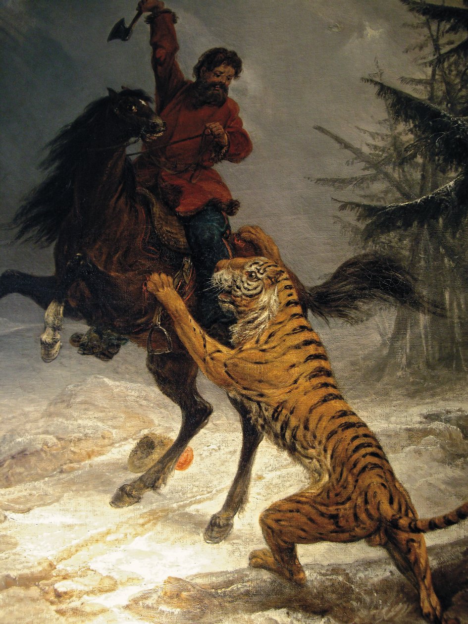 コサックを攻撃するシベリアトラ 作： ロシア語学校