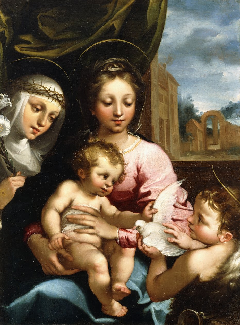 幼児と聖母マリアの洗礼者聖ヨハネ、シエナの聖カタリナ、1597-1612年 作： ルティリオ・マネッティ