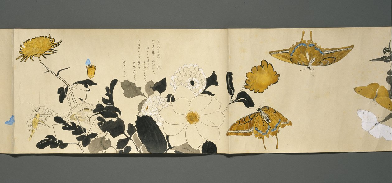 野生生物のともだち（やさいのとも）、大正時代、大正7年、1918年頃（雲母で飾られた紙の上にインクとトイレ） 作： 川上涼香