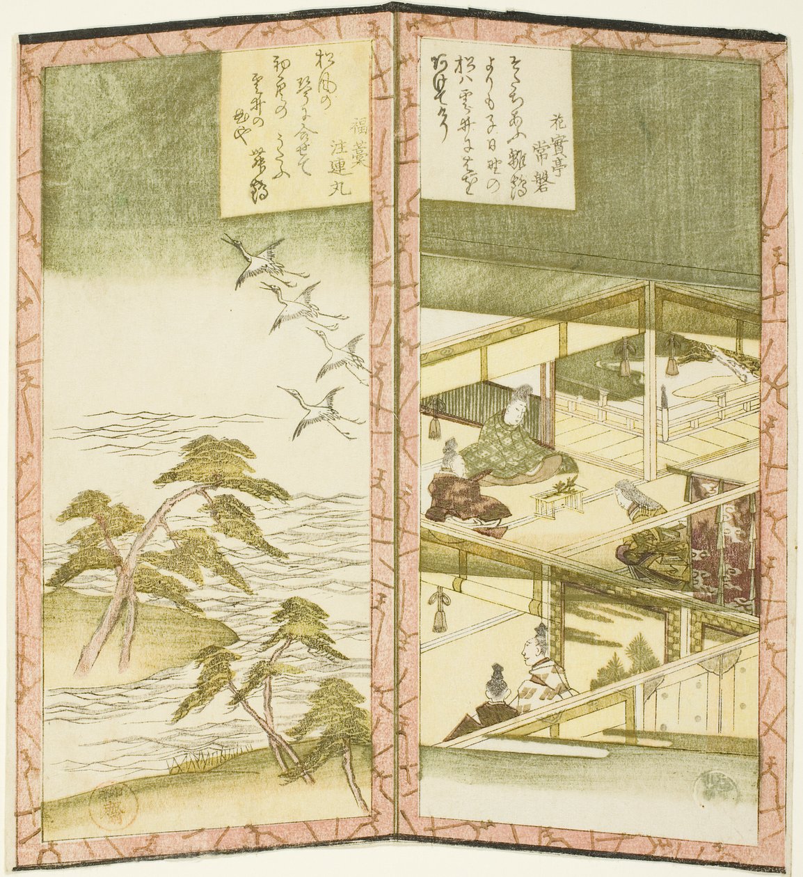 一対の屏風を描いた無題の六面祭壇画からの宮殿のインテリアとビーチ 作： 流竜峡心斎