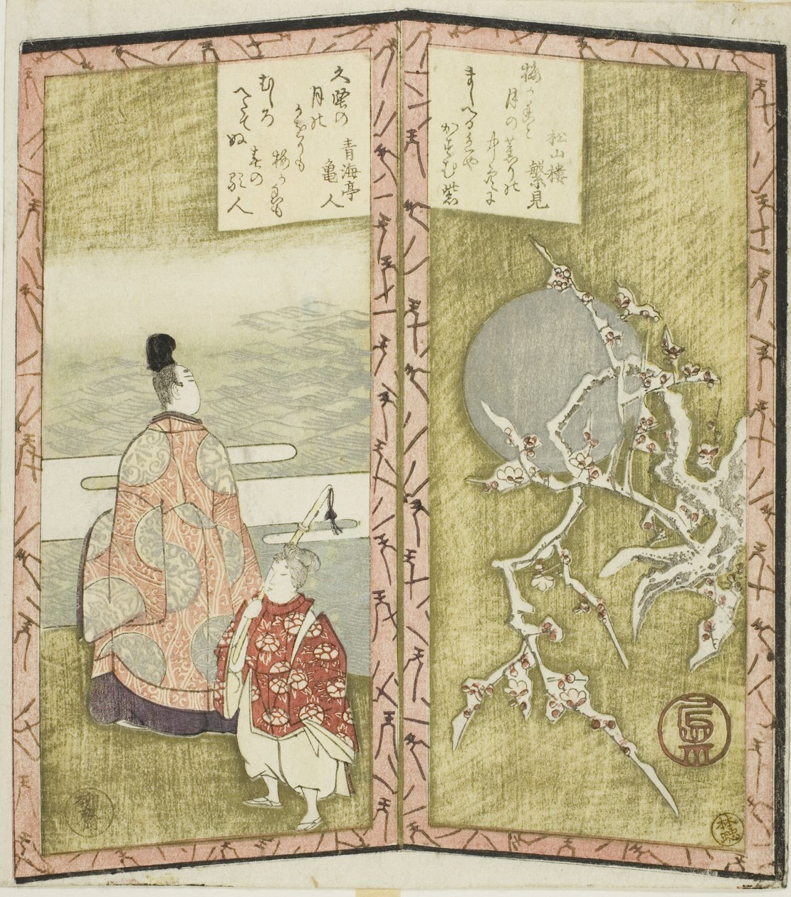 一対の屏風を描いた無題の6枚組から梅の花と歌人 作： 流竜峡心斎