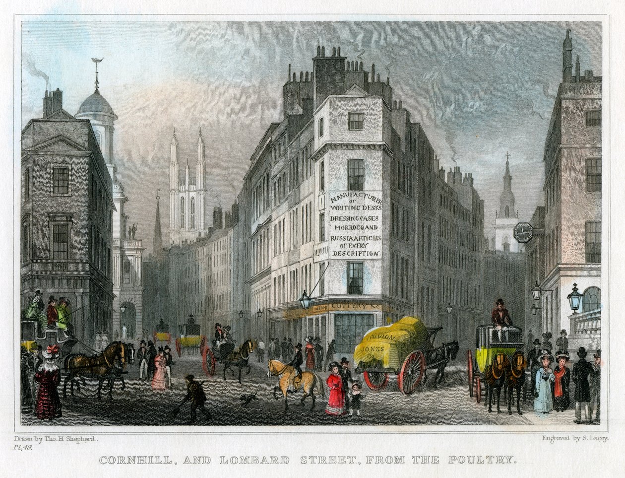 1830年、ロンドン市の家禽からコーンヒルとロンバードストリート。 作： S.レイシー