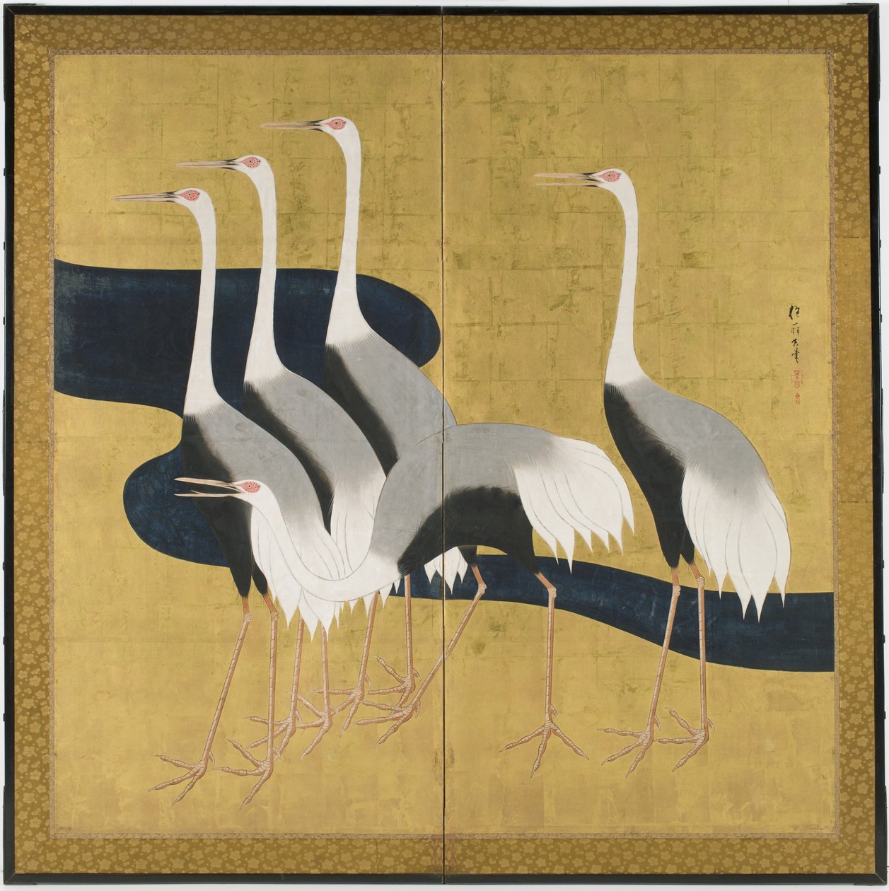 クレーンを描いた2パネルの屏風（インク、色、紙の上の金） 作： 酒井抱一