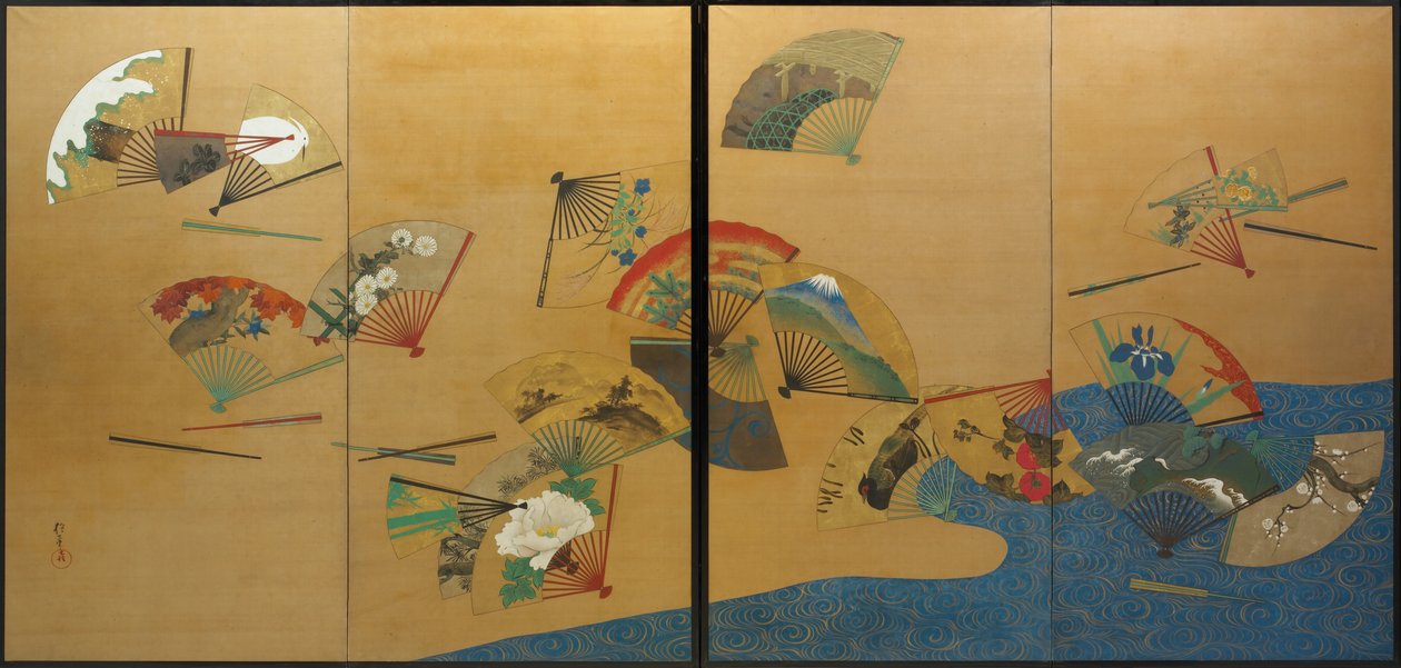 扇と小川 江戸時代 1820-28年頃 絹本着色 金銀墨画 作： 酒井抱一