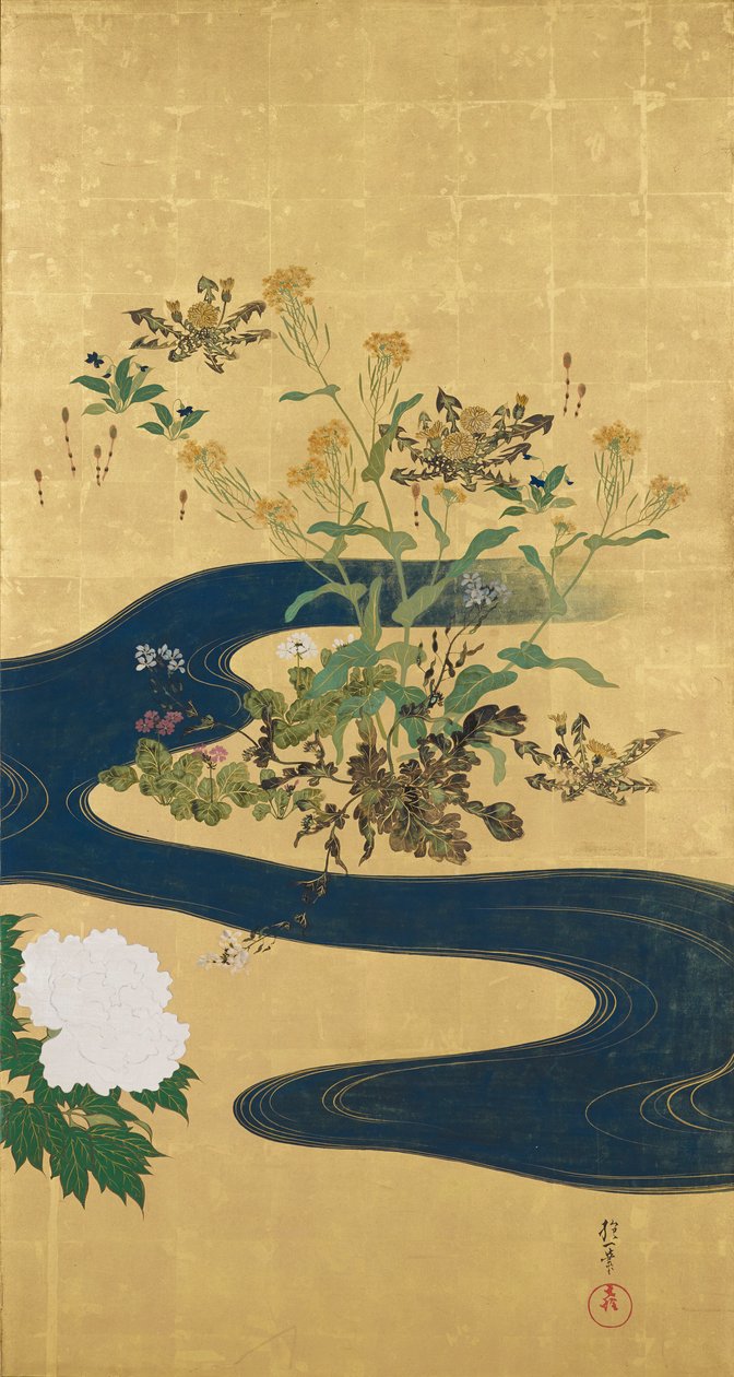 四季の草花と小川 作： 酒井抱一