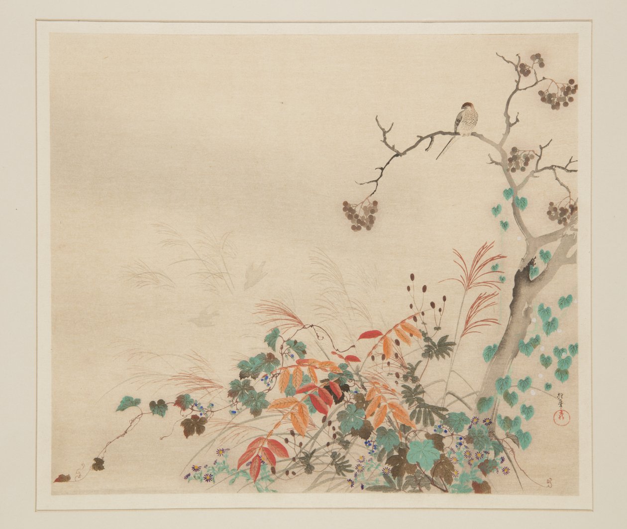 植物の上の鷹（カラー木版画 作： 酒井抱一