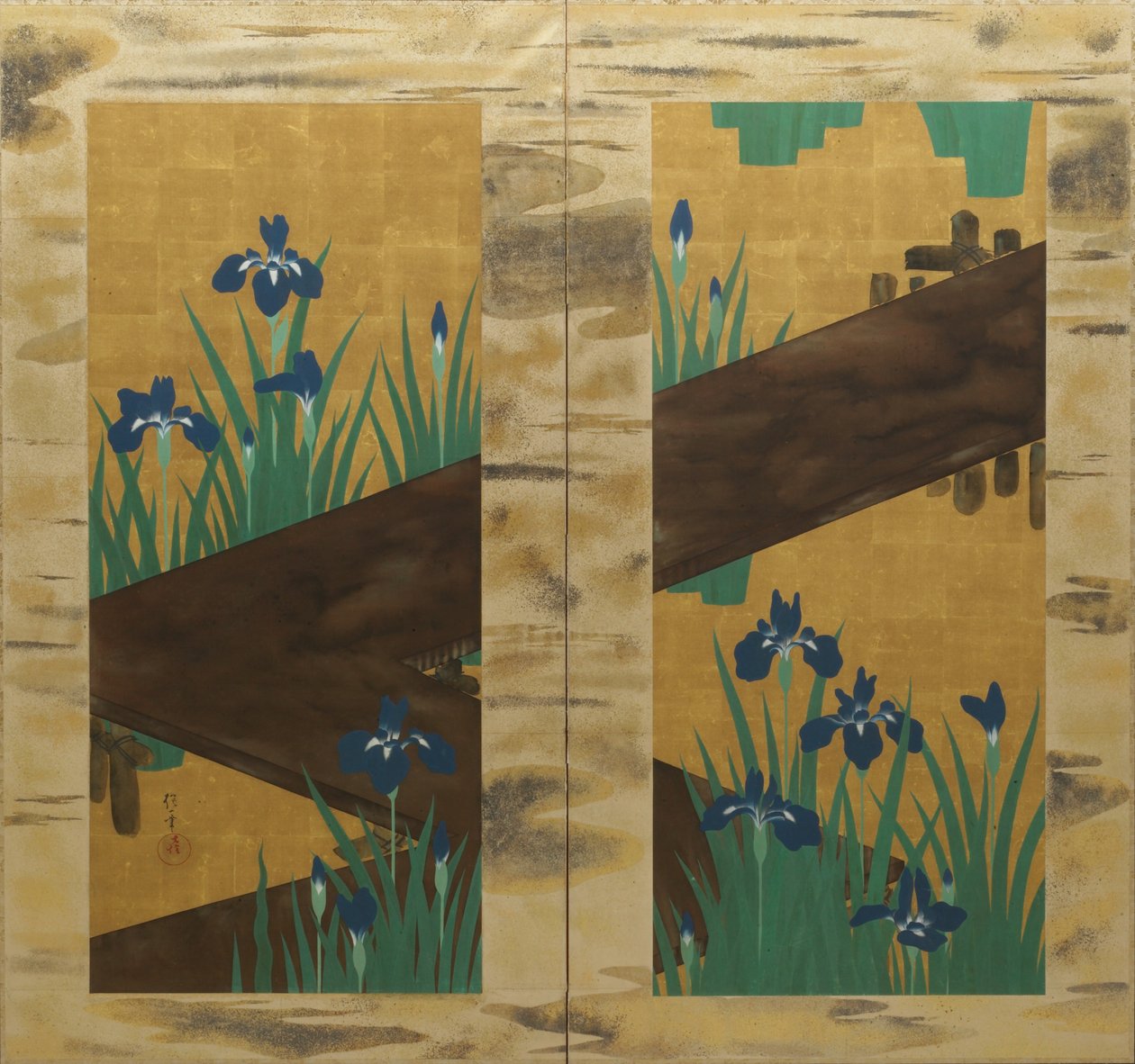 菖蒲と八つ橋、二曲一双屏風、1820年頃（絹本、墨、彩色、金箔） 作： 酒井抱一