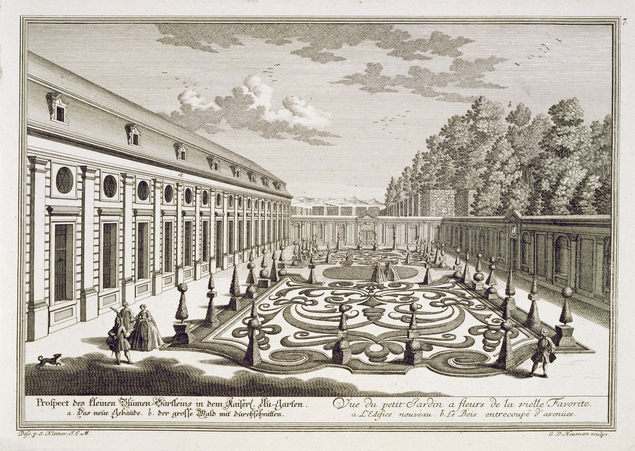 Georg Daniel Heumann（1691-1759）によって彫刻された、Residenz-Stadt Wiennの外にある次のプレジャーガーデンのプレゼンテーション、c.1724-37発行のウィーン近郊の花畑の眺め 作： サロモンリトルワン