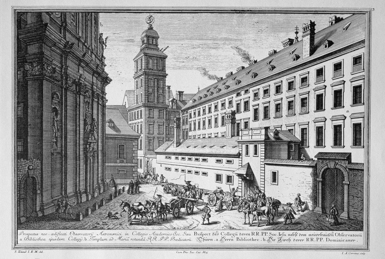 ウィーンのイエズス会大学にある新しい天文台の図。ヨハンアウグストコルヴィヌス（1683-1738）が彫刻した図書館と聖マリアロタンダ教会も表示 作： サロモンリトルワン