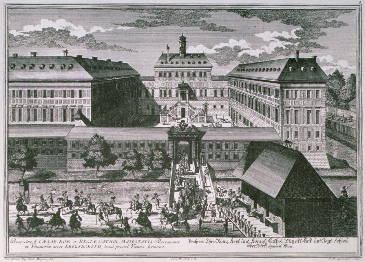 Georg-Daniel Heumann（1691-1759）によって彫刻されたウィーン近郊のシュロスエバースドルフのビュー 作： サロモンは小さなものの後