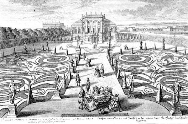 ヨハン・アウグスト・コルヴィヌス（1683-1738）による「ウィーン、ヨーゼフシュタットの庭と家の眺め」（エングレーヴィング 作： サロモン（後）小さな子