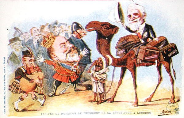 1903年、ロンドンに到着したフランス共和国大統領エミール・ルベ（1838-1929）を描いた風刺画（カラーリトグラフ版） 作： サロモンアサス