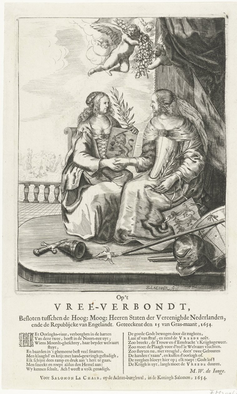 ウェストミンスター平和の象徴、1654年 Hoog: Moog: Heeren States der Vereenighde Nederlanden, ende Republijcke van Engelandt. 1654 年に署名された den 15 van Gras-maant (オブジェクトのタイトル) 作： ソロモン・ピエテルス。 lachair