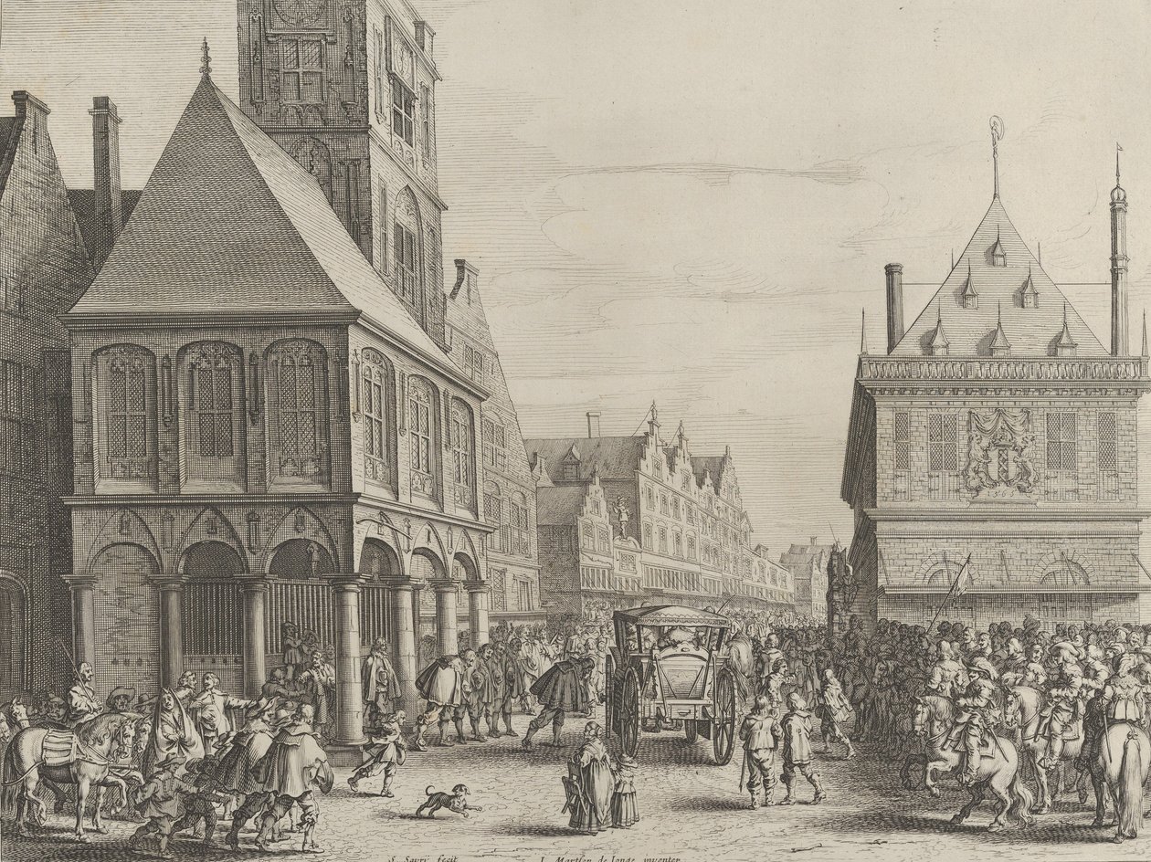 市庁舎の前でマリー・ド・メディシスに別れを告げる市の治安判事、Caspar Barlaus..., 1638. 作： サロモンセイバリー