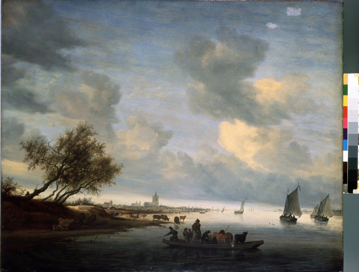 Ferry a Arnhem (Ferry at Arnhem) (Pays Ba)。 Salomon Jacobsz (Jacob) Van Ruysdael (Ruisdael) (1600 または 1603-1670) の絵画。 ユイル・シュル・ボワ、89 x 116 cm 作： サロモン・ファン・ルイスダールまたはルイスダール