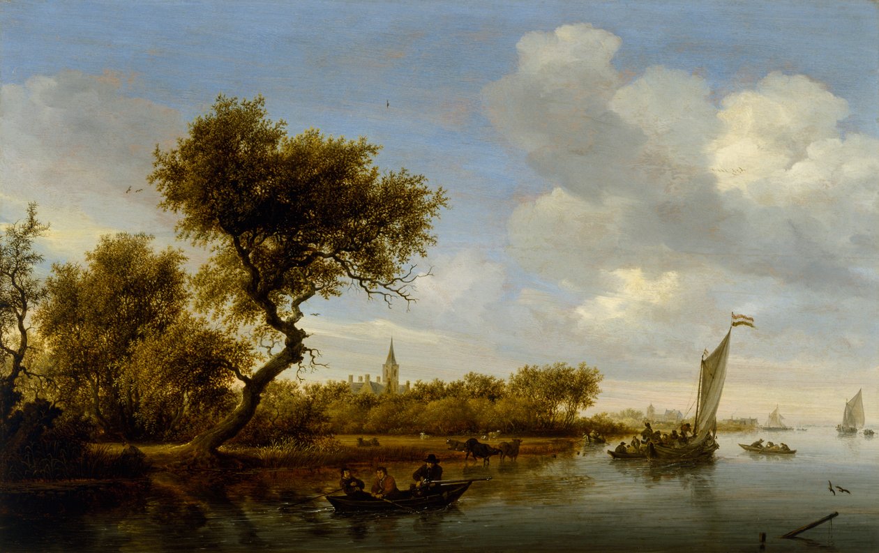 遠くに教会がある川の風景、c.1655-1660（木の油） 作： サロモン・ファン・ルイスダールまたはルイスダール