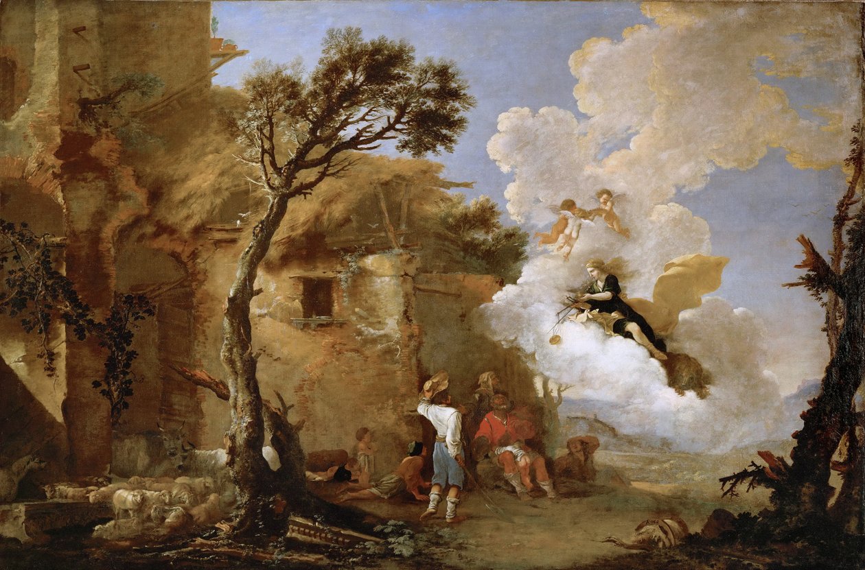 Astree (Astrape) quittant les bergers - アストレアの帰還」ローザ、サルヴァトーレ（1615-1673）作。キャンバスに油彩、約1640-1645年。サイズ：139,5x209 cm。美術史博物館、ヴィエンヌ 作： サルヴァトールローザ