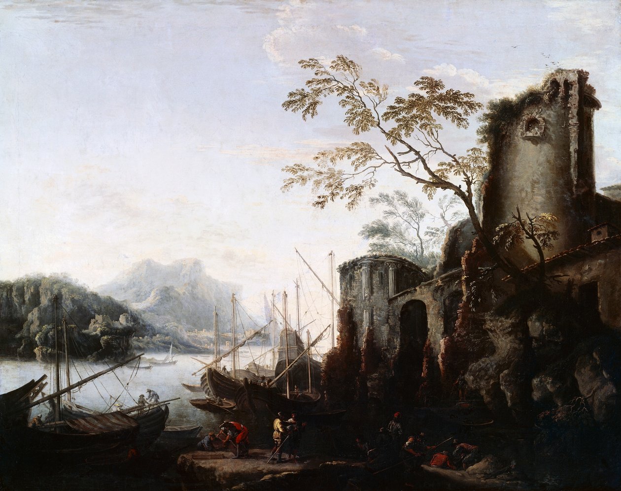 船や廃墟のある塔のある海の風景（塔のある海の風景）1645年頃 作： サルヴァトールローザ