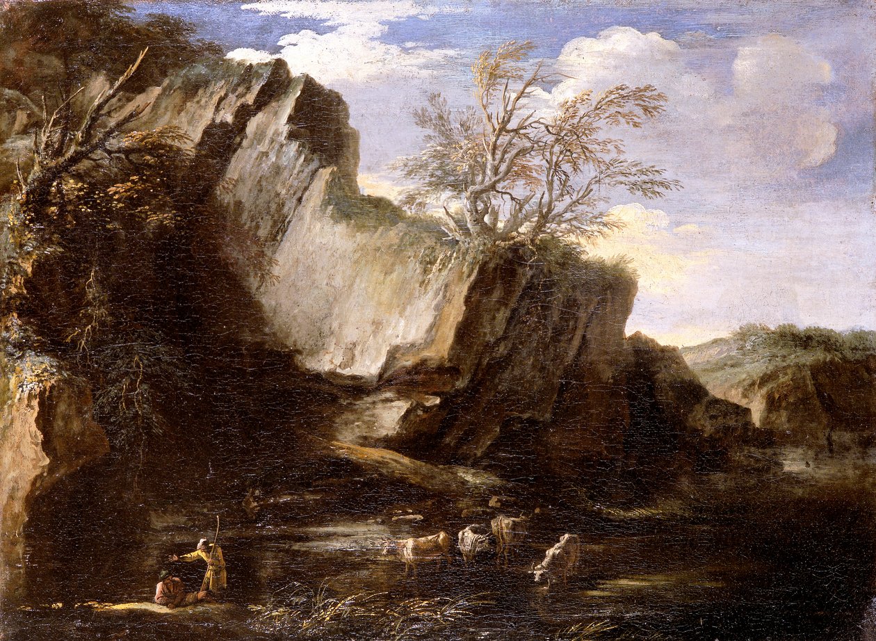 牧童と牛のいる岩場の風景」1625年～1673年 作： サルヴァトールローザ
