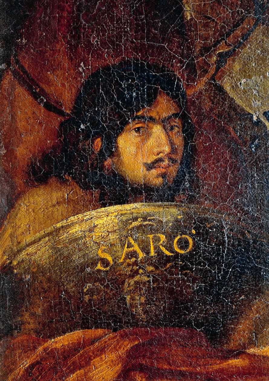 サルバトール・ローザ（1613-1673）の「キリスト教徒とトルコ人の間の戦い」の細部を描いた画家の自画像、油彩・キャンバス、234x350 cm 作： サルヴァトールローザ