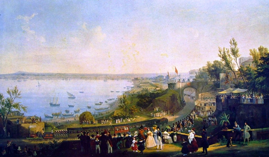 ナポリ-ポルティチ鉄道線路の発足、1840年。 作： サルバトーレ・フェルゴラ