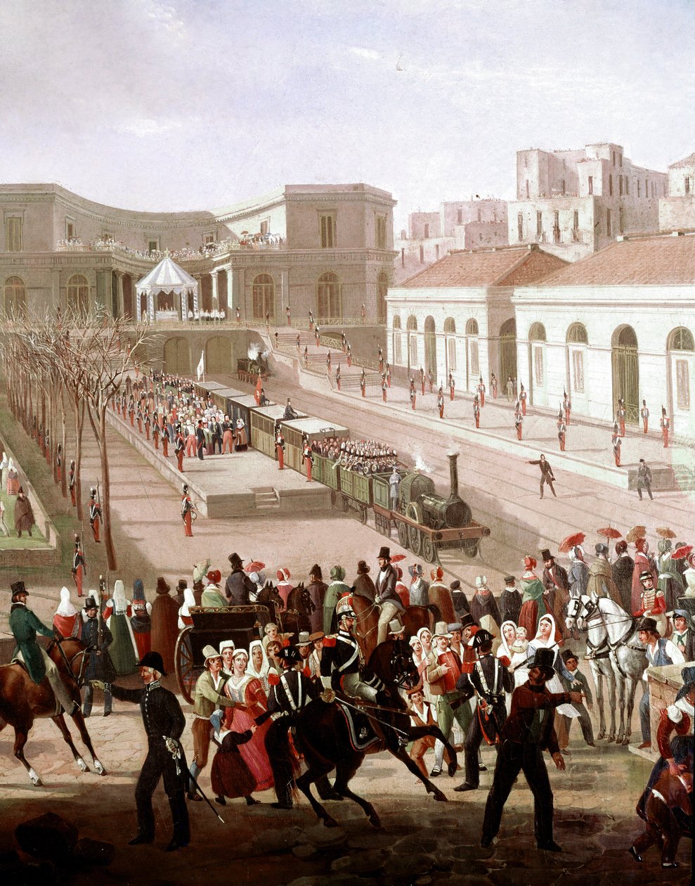 フェルディナンド2世の立会いのもと、1839年に行われたナポリ・ポルティチ間の鉄道開通式 (Inauguration of railway line between Naples and Portici in 1839) Detail - Salvatore Fergola (1799-1877) の絵画 Museo Nazionale di San Martino Nap 作： サルバトーレ・フェルゴラ