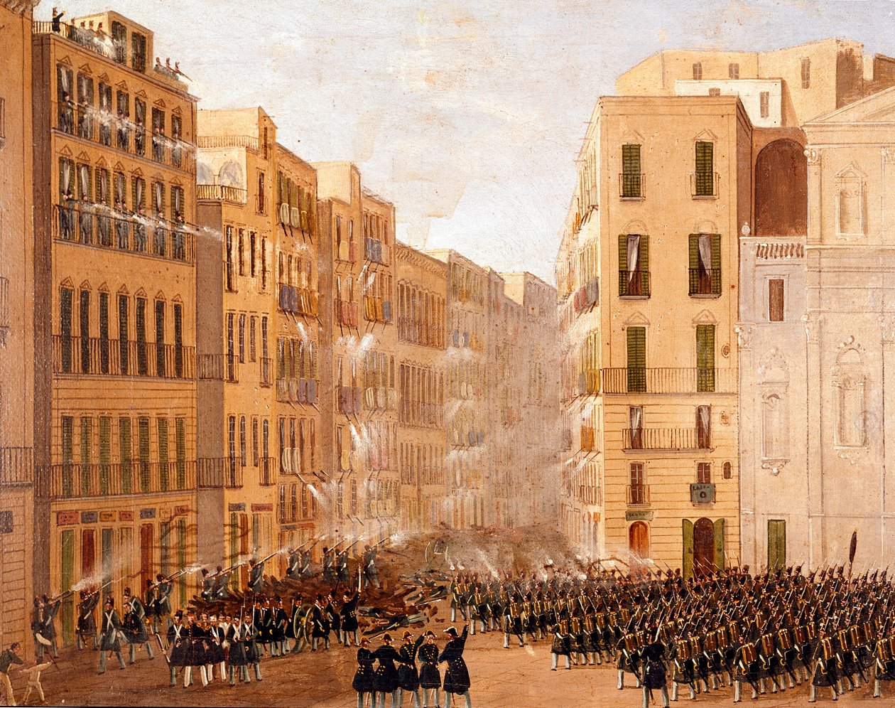 1848年5月、ナポリの反乱に対抗するブルボン家の軍隊 詳細サルヴァトーレ・フェルゴラ（1799-1877）による絵画 ナポリ、サンマルティーノ美術館 作： サルバトーレ・フェルゴラ