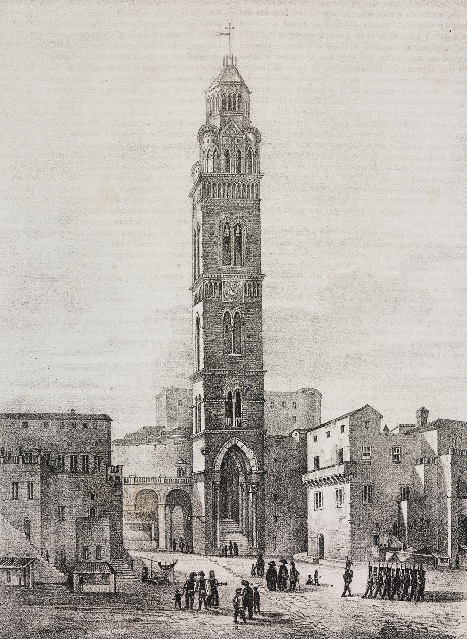 ガエータ大聖堂の鐘楼、ラツィオ、イタリア、パスクアーレ・マッテイ（1813-1879）による描画後のサルヴァトーレ・プーリアによるリトグラフ、ポリオラマ・ピットレスコ、n 48、7月6日 作： サルヴァトーレ・プーリア