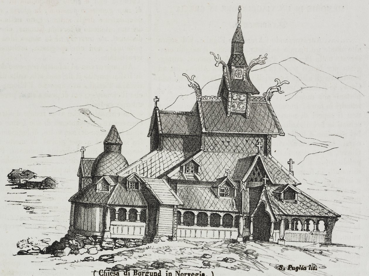 Borgund Stave Church、ノルウェー、Poliorama Pittoresco の Salvatore Puglia によるリトグラフ、n 40、5 月 14 日 作： サルヴァトーレ・プーリア
