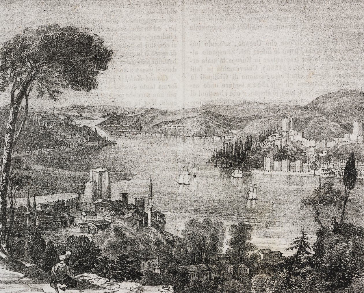 Bosphorus castles on coasts of Asia and Europe, Turkey, lithograph by Gaetano Riccio from Poliorama Pittoresco, n 18, December 9   1458326   ja       japanese Successfully Translated  Original: Sailing Ships in a Rough Sea Translat: Sailing Ships in a Roug 作： サルヴァトーレ・プーリア