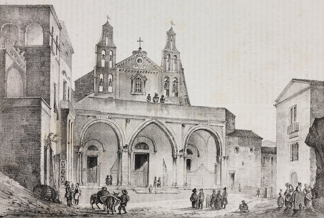 Sessa Auruncan katedraalin julkisivu, Campania, Italia, Salvatore Puglian litografia Pasquale Mattein (1813-1879) piirtämänä Poliorama Pittorescosta, n:o 42, 24. toukokuuta 作： サルヴァトーレ・プーリア