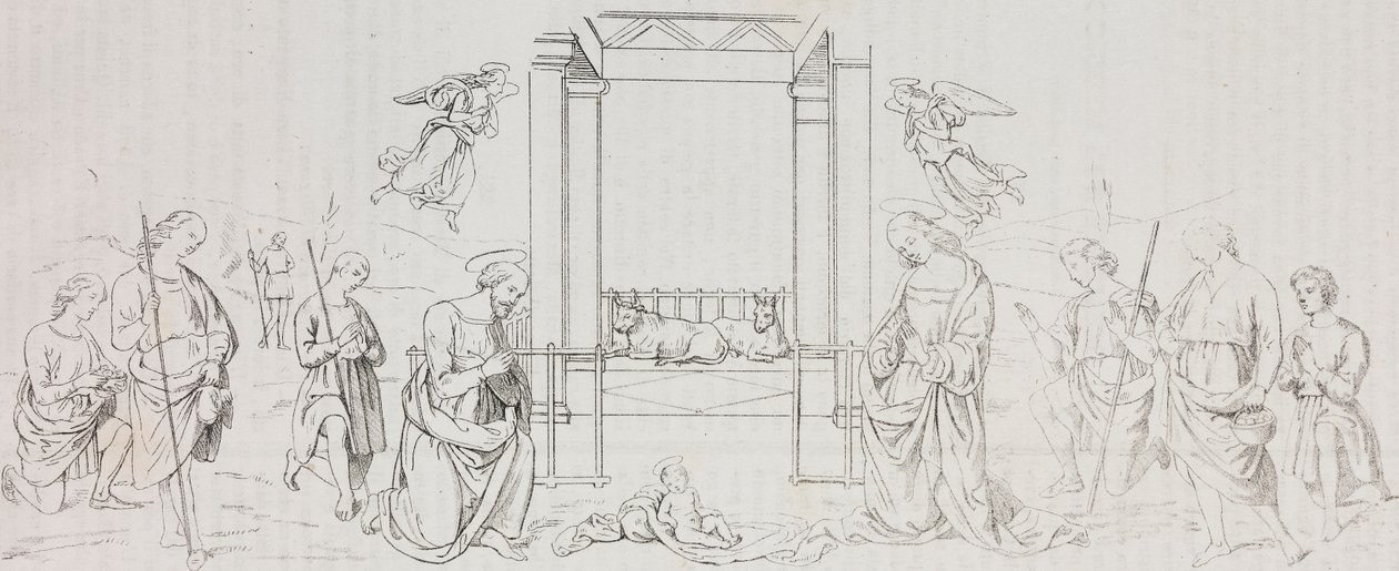 フォンティニャーノ降誕、羊飼いの礼拝、ピエトロ ペルジーノ (1450-1523 年頃) による絵画後のサルヴァトーレ プーリアによるリトグラフ、ポリオラマ ピットレスコ、n 42、5 月 24 日 作： サルヴァトーレ・プーリア