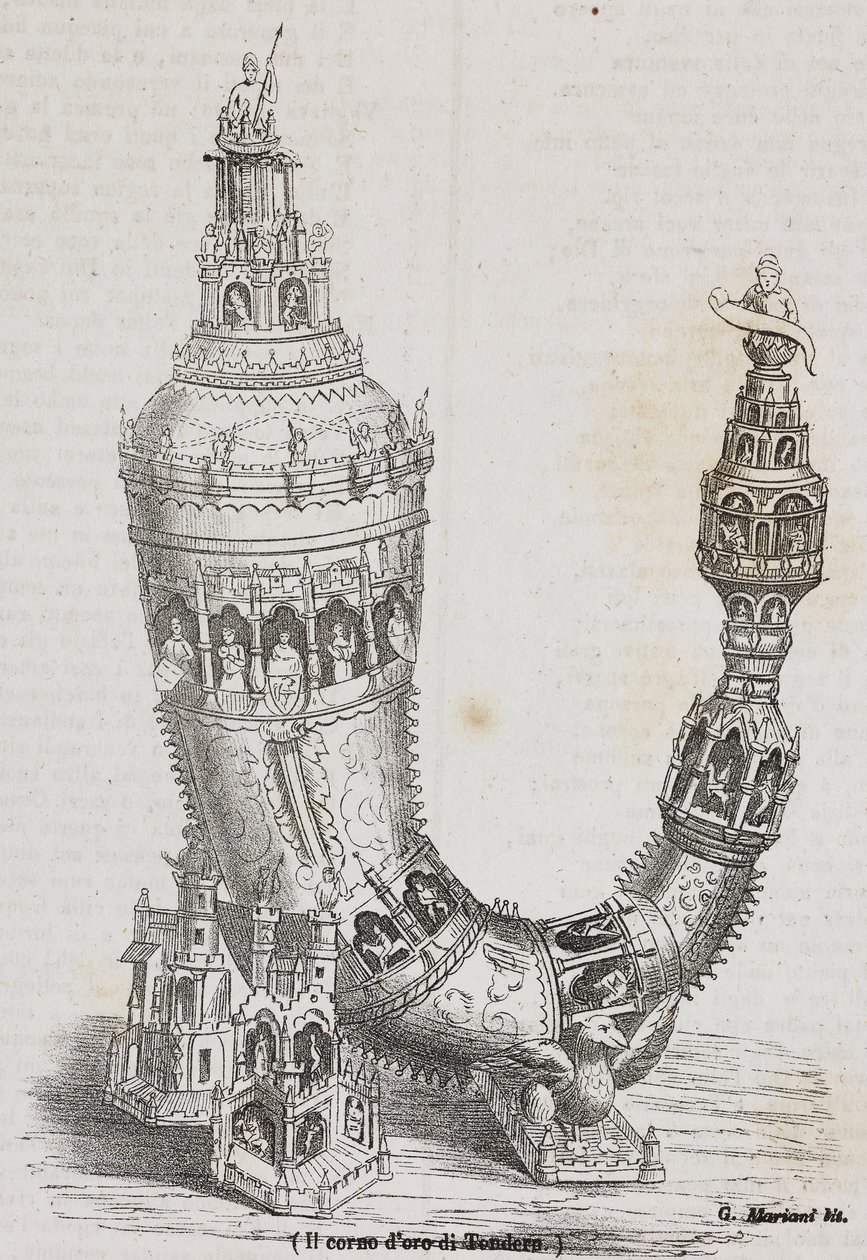 Goldenes Horn von Tonder, Dänemark, Lithographie von Salvatore Puglia aus Poliorama Pittoresco, Nr. 24, 20. Januar von Salvatore Puglia