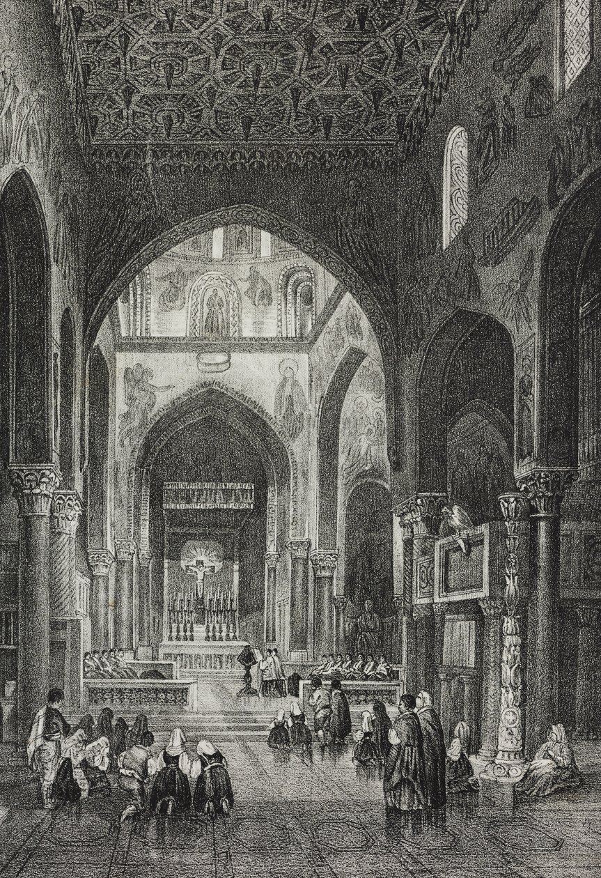 Interior da Capela Palatina no Palazzo dei Normanni ou Palácio Real em Palermo, Sicília, Itália, litografia de Salvatore Puglia de Poliorama Pittoresco, n 41, 21 de maio 作： サルヴァトーレ・プーリア