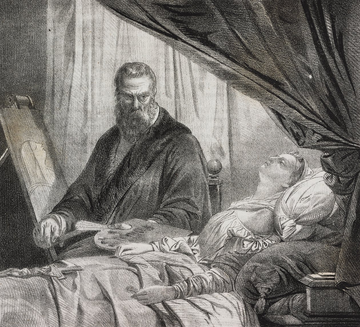 Tintoretto pintando sua filha morta, litografia de Salvatore Puglia de Poliorama Pittoresco, n 27, 10 de fevereiro 作： サルヴァトーレ・プーリア
