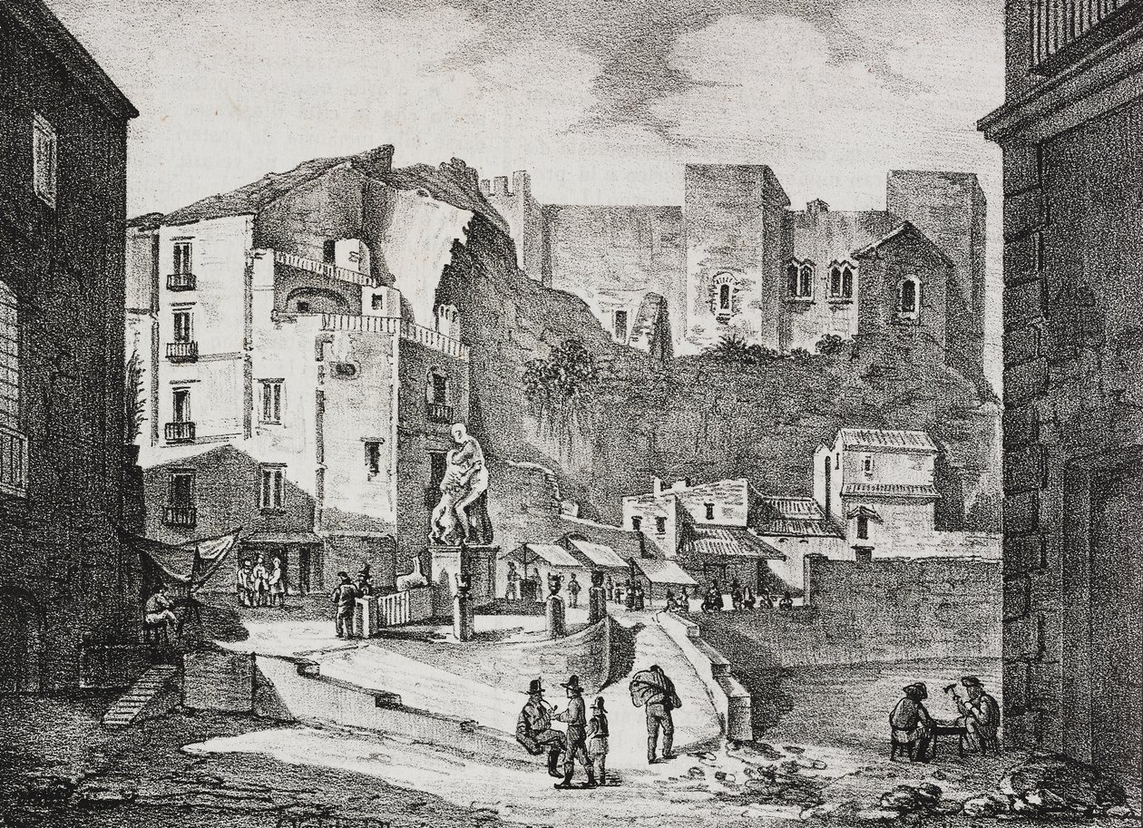 Poliorama Pittoresco の Salvatore Puglia によるリトグラフ、Sessa Aurunca、カンパニア、イタリアの Piazza della Fontana dell