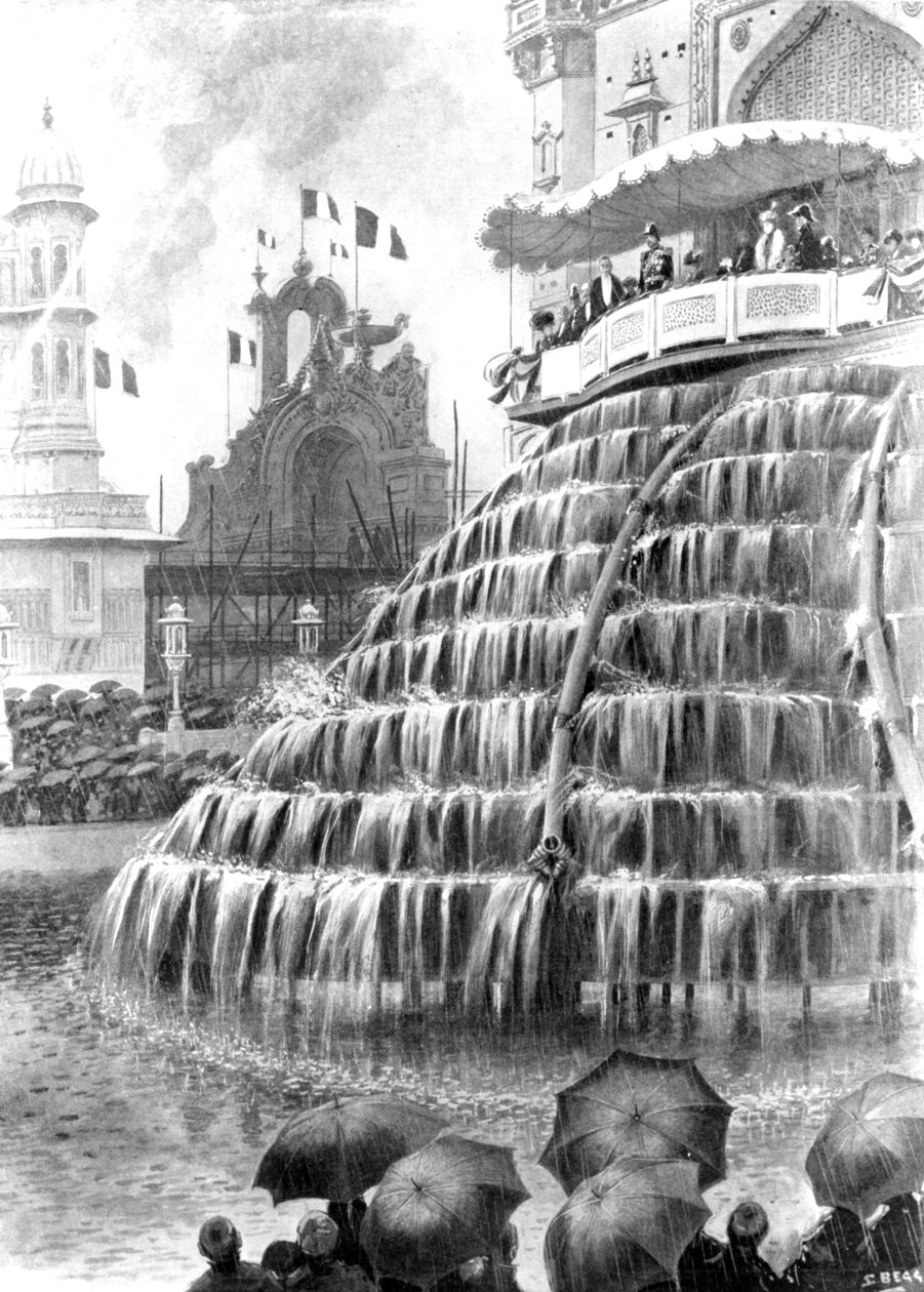 1908年5月23日の「イラストレイテッドロンドンニュース」からの絶望的な豪雨の中の国家式典 作： サミュエル・ベッグ