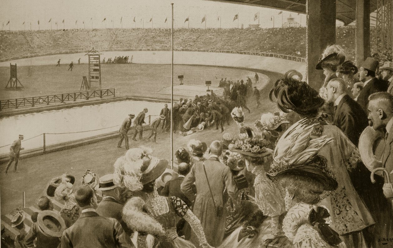 マラソンレースの終了、オリンピック、1908 作： サミュエル・ベッグ