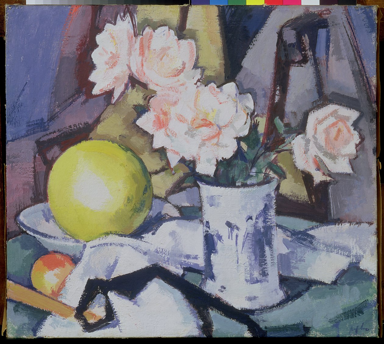 青と白の花瓶、バラ、メロン、オレンジ 作： サミュエル・ジョン・ペプロー
