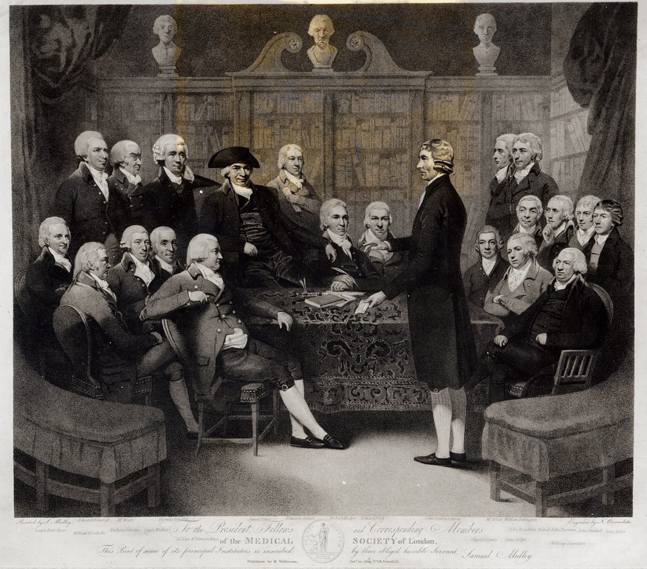 ネイサンクーパーブランホワイト（1775-1857）によって刻まれたロンドン医学会の会長、フェロー、および対応するメンバーのグループポートレート（R.ウィルキンソン発行、1801（bw写真 作： サミュエル・メドレー