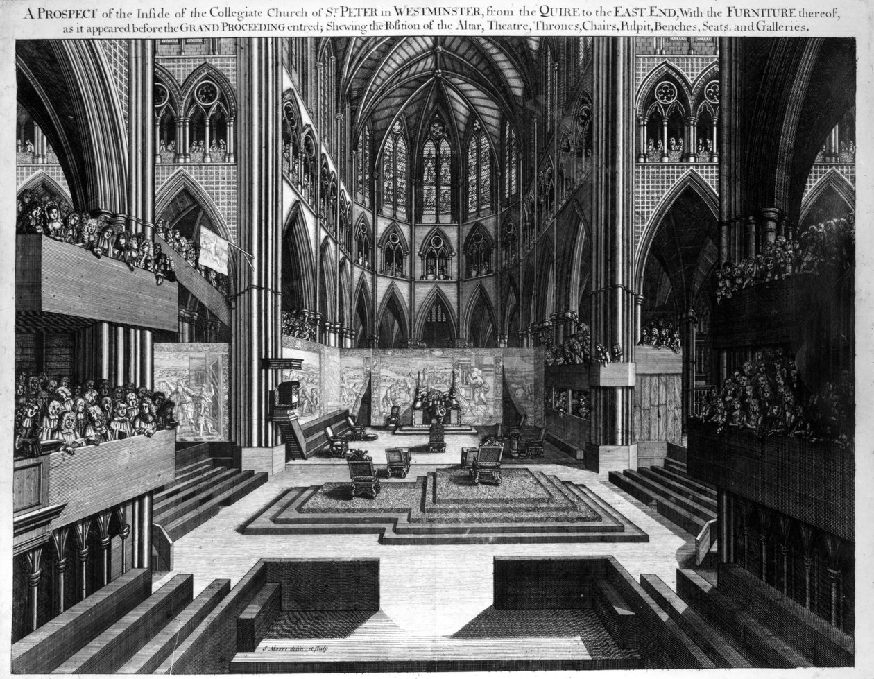 ジェームズ2世の戴冠式（1633-1701）1688年前のウェストミンスター（ウェストミンスター修道院）の聖ペテロ教会内部の展望 作： サミュエル・ムーア