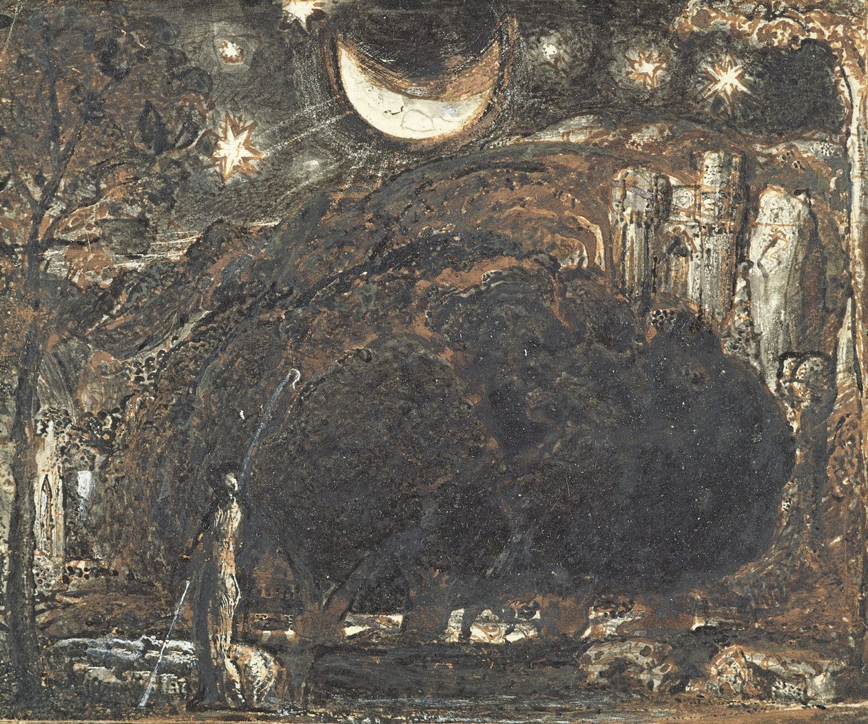 月と星の下の羊飼いと彼の群れ、c.1827（紙にペンとインクで洗う） 作： サミュエルパーマー