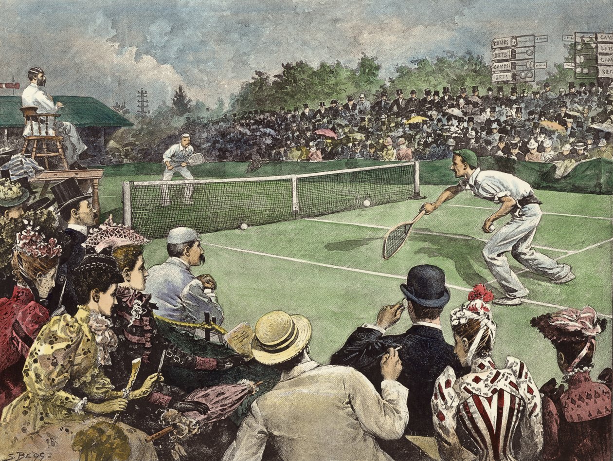1891年ウィンブルドンのローンテニス選手権、W・バデリーとJ・ピムの決勝戦（カラーエングレーヴィング） 作： サミュエル（後）ベッグ