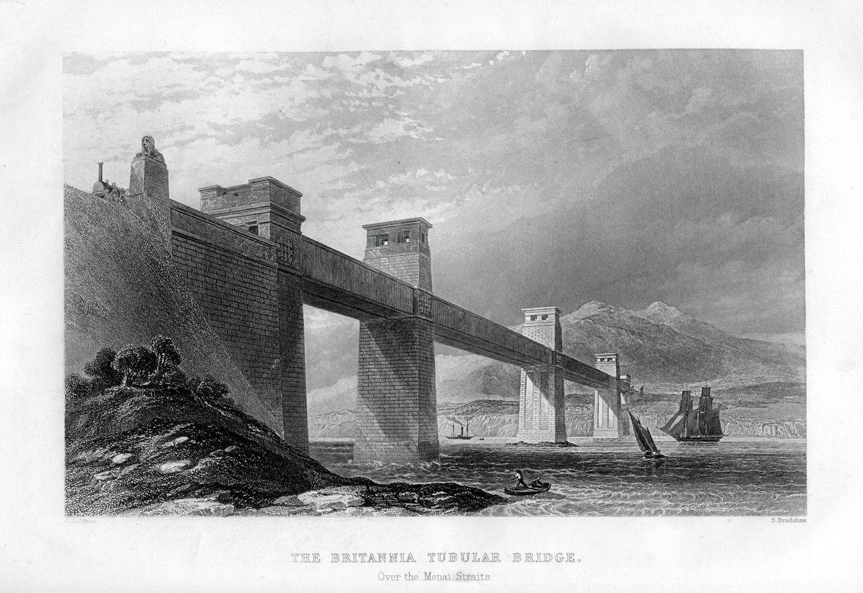 ウェールズのメナイ海峡に架かるブリタニア管状橋、1886年 作： サミュエル・ブラッドショー