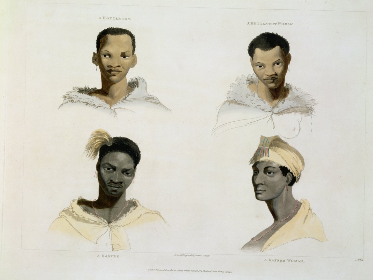 Hottentot、Hottentot Woman、Kaffre、Kaffre Woman：4つの頭と肩のビネット、「アフリカの風景と動物」からのプレート14、アーティストによる彫刻、1804（アクアチント） 作： サミュエル・ダニエル