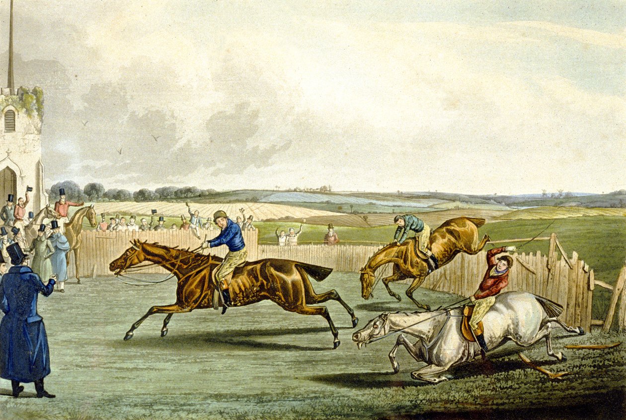 チャールズ・ハント（1829-1900）が彫刻した「Steeplechasing」の「Forth Mile」（カラーリトグラフ）。 作： サミュエルヘンリー（後）アルケン