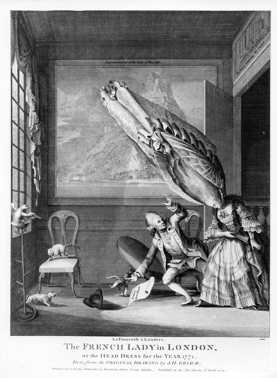 1771年にS.スレッジのために印刷されたロンドンのフレンチレディまたは1771年のヘッドドレス 作： サミュエル・ヒエロニムス・グリム